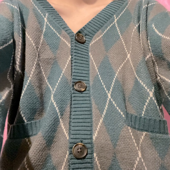 Y2K Preppy Argyle Emerald Green Oversized Cardigan - Picture 2 of 2